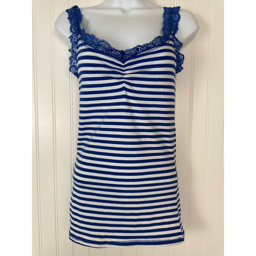 Tank Top Women Medium Blue White Striped Lace Cami Ruched Y2K Baby Doll
